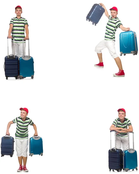 Jeune homme avec valise isolée sur blanc — Photo