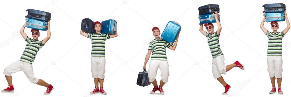 Young man with heavy suitcases isolated on white 