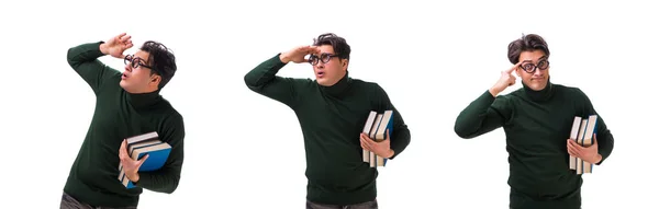 Mladý student blbeček s knihami izolované na bílém — Stock fotografie