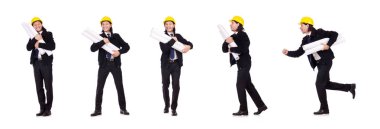 Genç inşaat mimarı beyazın üzerinde izole edilmiş.