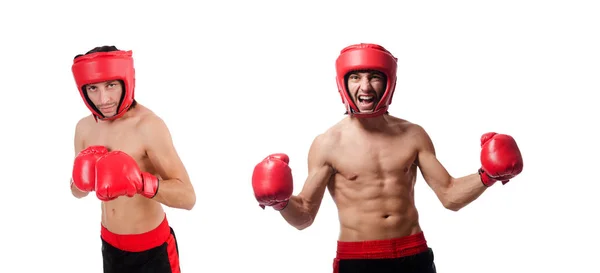 Boxeador en casco rojo y guantes aislados en blanco — Foto de Stock