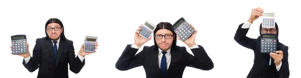 Homme avec calculatrice isolé sur blanc — Photo