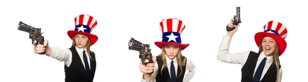 戴着带有美国标志的帽子的女人 — 图库照片