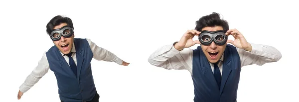 Hombre divertido con gafas aisladas en blanco —  Fotos de Stock