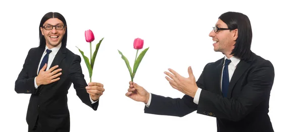 Handsome businessman with flower isolated on white — Stock Photo, Image