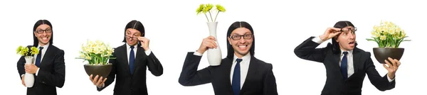 Hombre de negocios guapo sosteniendo jarrón de flores aisladas en blanco — Foto de Stock