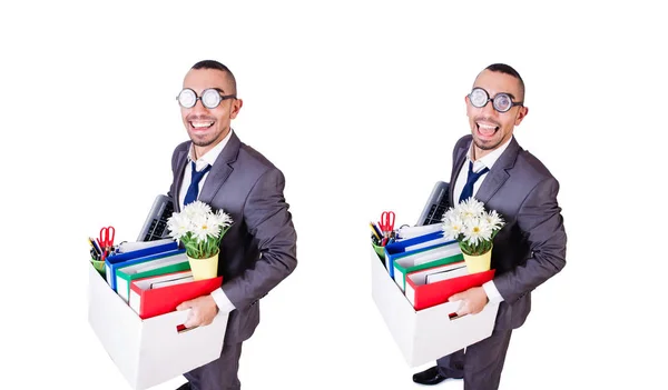 Homem sendo demitido com caixa de coisas pessoais — Fotografia de Stock
