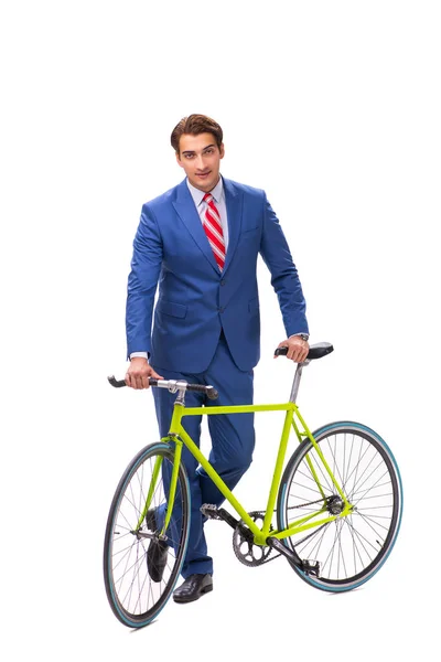 Joven hombre de negocios con bicicleta para viajar a la oficina — Foto de Stock