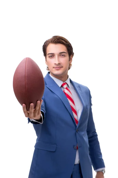 Jovem homem elegante com bola de rugby isolado em branco — Fotografia de Stock