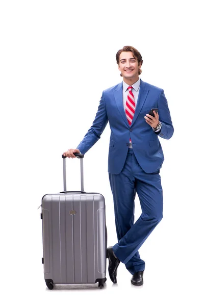 Młody przystojny biznesmen z walizką na białym tle — Zdjęcie stockowe