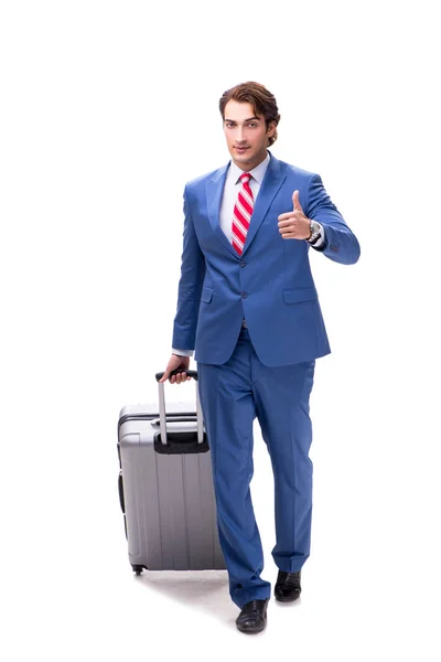 Νέος ωραίος επιχειρηματίας με βαλίτσα που απομονώνονται σε λευκό — Φωτογραφία Αρχείου
