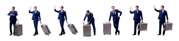 Fiatal üzletember bőrönddel elszigetelt fehér háttér — Stock Fotó