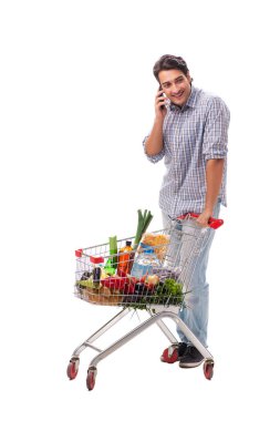 Süpermarket arabası arabası beyaz ile genç adam
