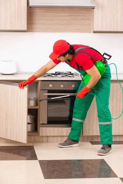 Professionele aannemer doen ongediertebestrijding op keuken — Stockfoto