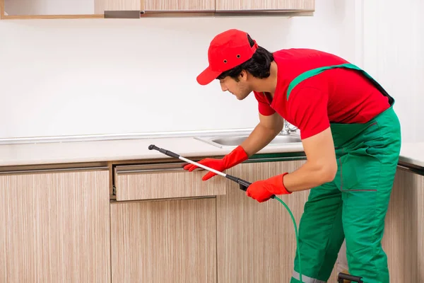 Professional contractor doing pest control at kitchen — Stock Photo, Image