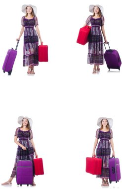 Bavul üzerinde beyaz izole olan kadın