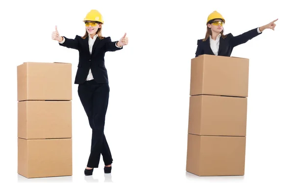 Woman builder with box isolated on white — Stock Photo, Image