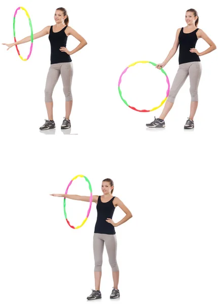 Giovane donna con hula hoop isolato su bianco — Foto Stock