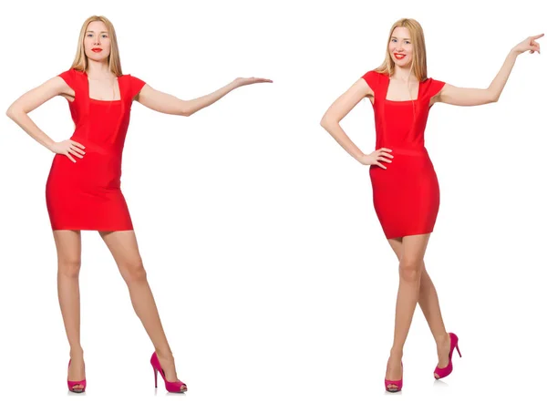 Beautiful woman in red dress isolated on white — Stock Photo, Image