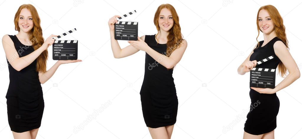 Young woman in black dress holding clapper-board 