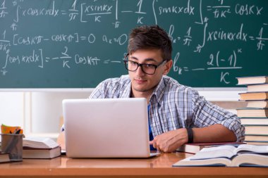 Genç erkek öğrenci okulda matematik