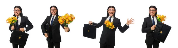 Knappe zakenman met bloem en korte geval geïsoleerd op whit — Stockfoto