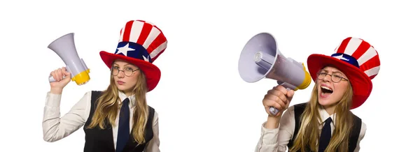 Amerikan sembollü şapka giyen bir kadın. — Stok fotoğraf