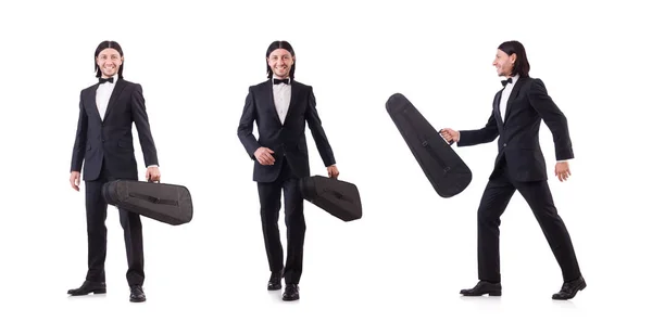 Man with violin case isolated on white — Stock Photo, Image