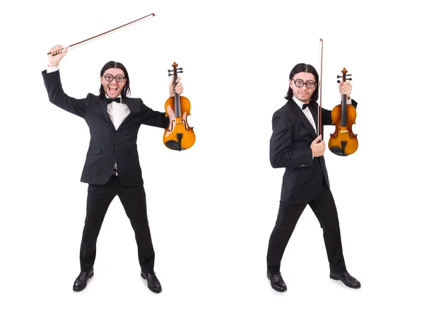 Vtipný muž s hudebním nástrojem na bílém — Stock fotografie