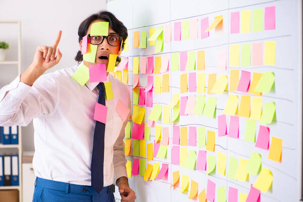 Young employee in conflicting priorities concept 