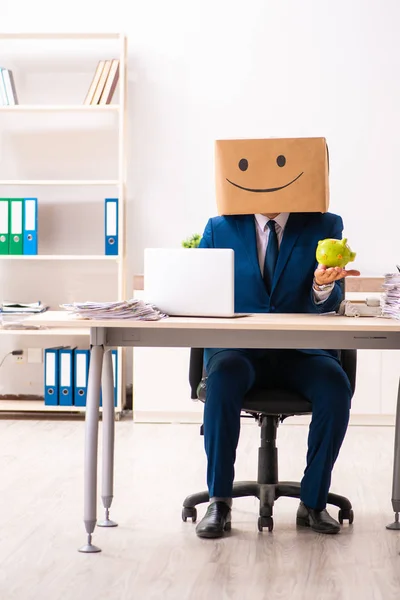 Happy man employee with box instead of his head — Stock Photo, Image