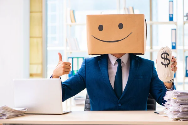 Happy man with box instead of his head — Stock Photo, Image