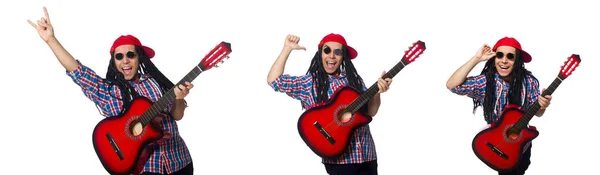 Man with dreadlocks holding guitar isolated on white — Stock Photo, Image
