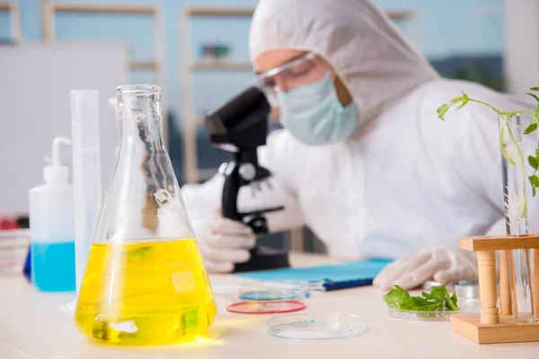 Biotechnologia mężczyzna naukowiec chemik pracuje w laboratorium — Zdjęcie stockowe