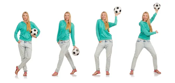 Жінка з футболом на білому — стокове фото
