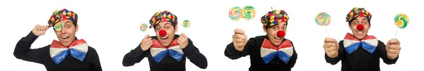 Rolig clown med lollipop isolerad på vit — Stockfoto