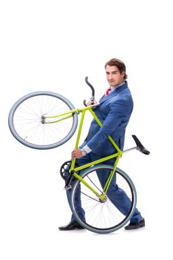 Beyaz arka plan üzerinde izole Bisiklet ile işadamı
