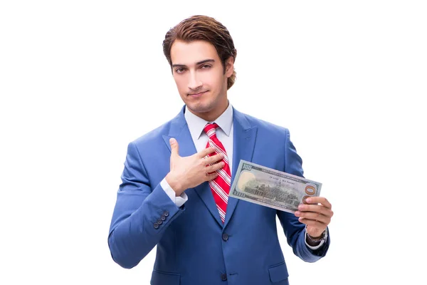 Elegante man met biljet geïsoleerd op wit — Stockfoto