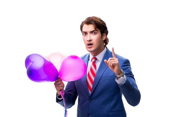 Elegant businessman with balloons isolated on white — Stock Photo, Image