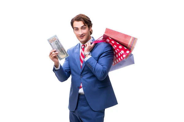 Elegante zakenman met tassen geïsoleerd op wit — Stockfoto