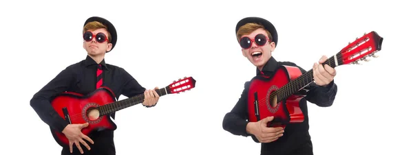 Niño positivo con guitarra aislada en blanco —  Fotos de Stock