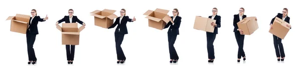 Mujer mujer de negocios con cajas en blanco —  Fotos de Stock
