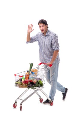 Süpermarket arabası arabası beyaz ile genç adam