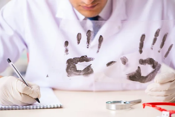 Ekspert sądowy badający odciski palców w laboratorium — Zdjęcie stockowe