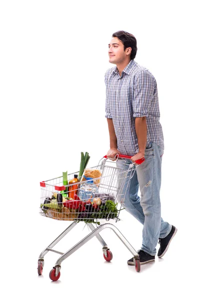 Young man with supermarket cart trolley on white — Stock Photo, Image