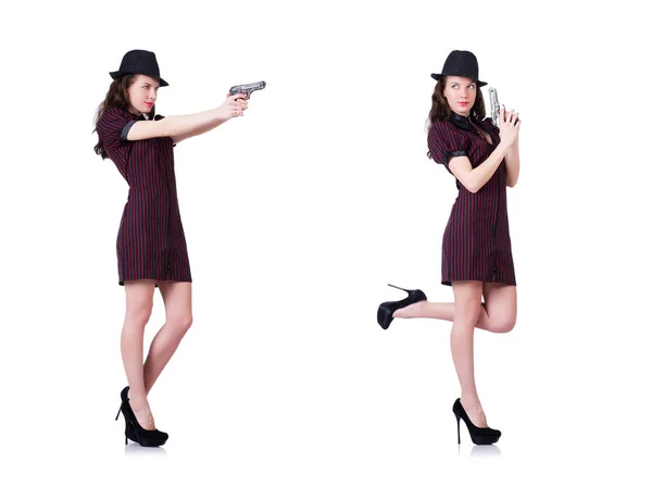 Woman gangster with handgun on white — Stock Photo, Image