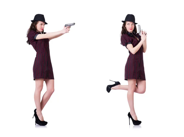 Gangster donna con pistola su bianco — Foto Stock