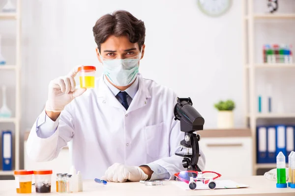 Giovane bel chimico che lavora in laboratorio — Foto Stock