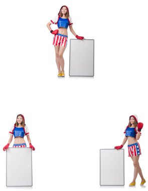 İle tahta üzerinde beyaz izole kadın boksör  