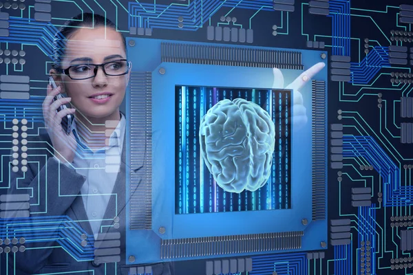 Concepto computacional cognitivo con botones de mujer presionando — Foto de Stock